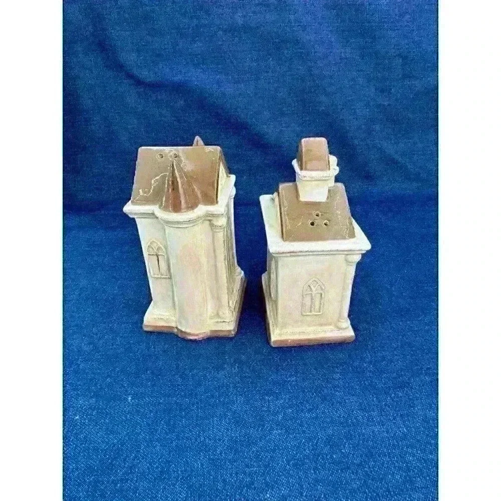 Vintage‎ Church Temple Religion Ceramic Salt & Pepper Shakers With Stand